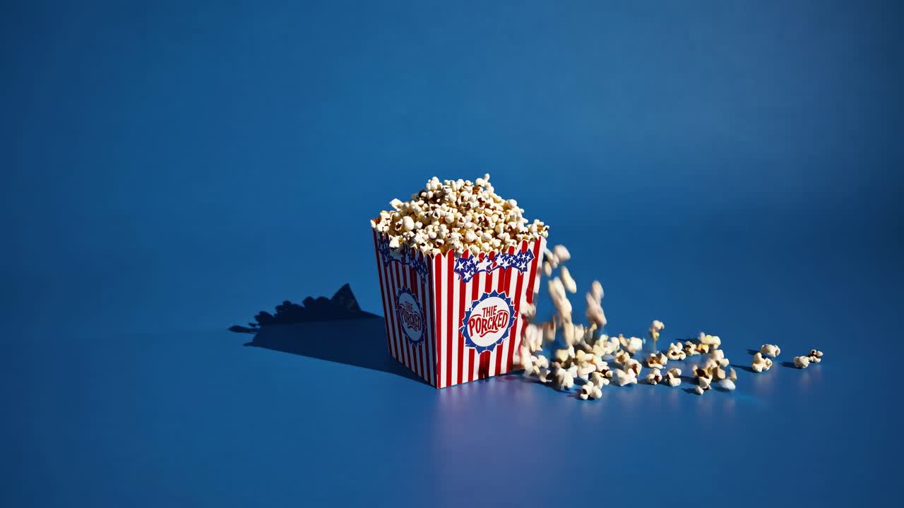 Popcorn kernel spilling from overflowing red white striped container, cascading against bright blue backdrop suggesting cinematic excitement and casual snacking
