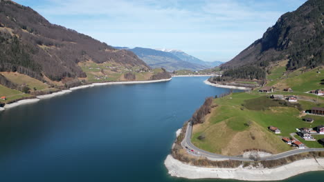 Aerial-of-Lake-Lungern-Glacial-Lake,-Obwalden,-Switzerland