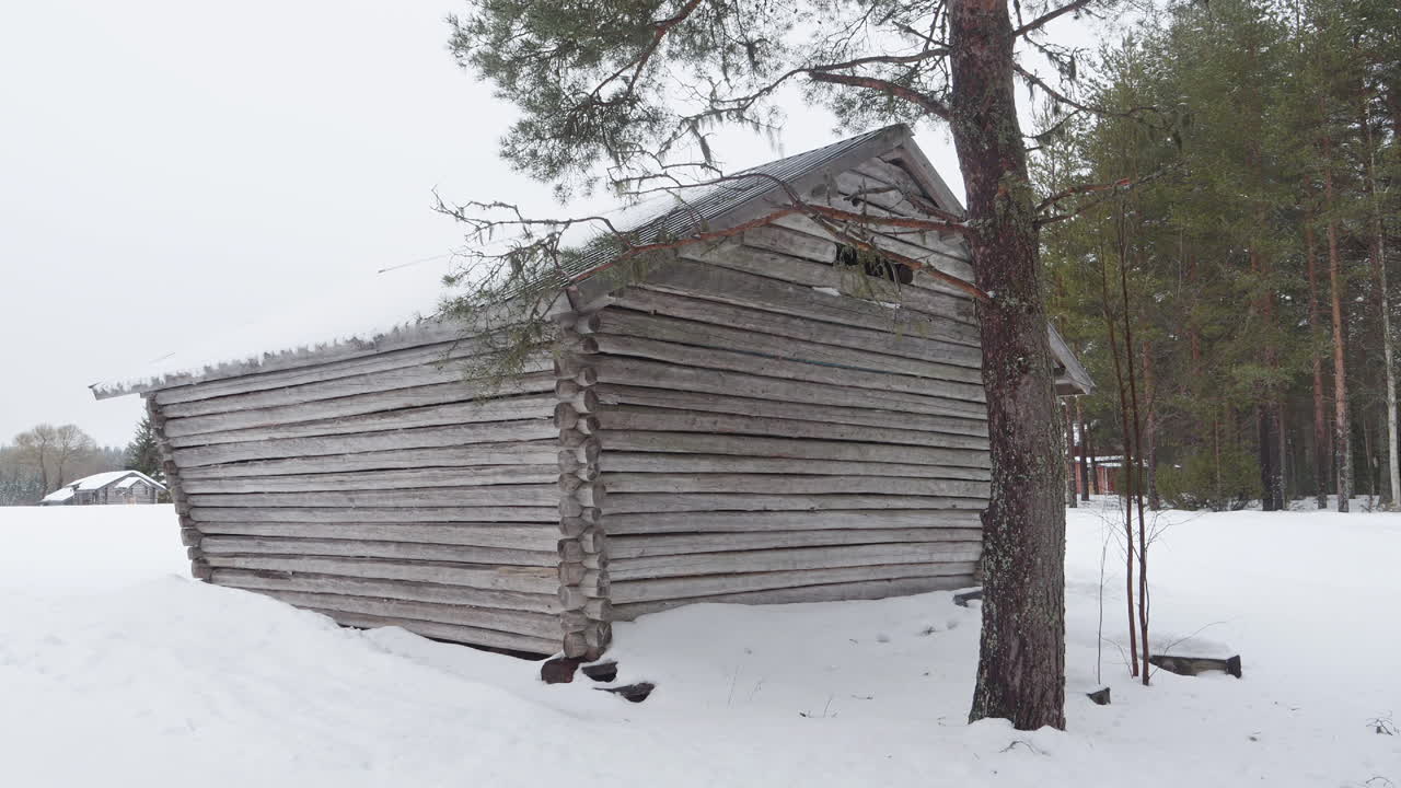 Log Cabin Exterior in Snowy Winter Landscape