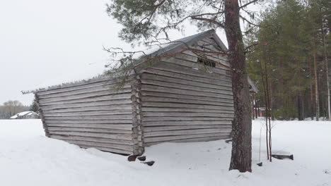 log cabin exterior in snowy winter landscape
