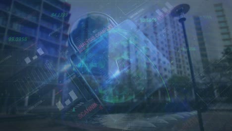 animación del procesamiento de datos sobre la ciudad y el candado.