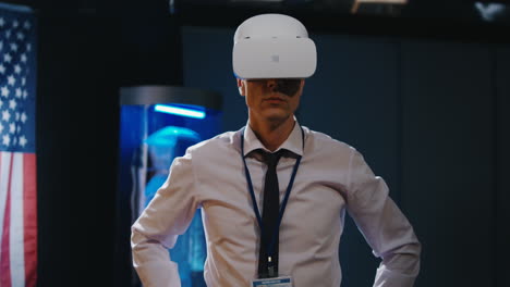 Businessman using VR headset at a conference
