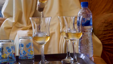 pouring wine to the elderly wine glasses with ice hospitality and tradition