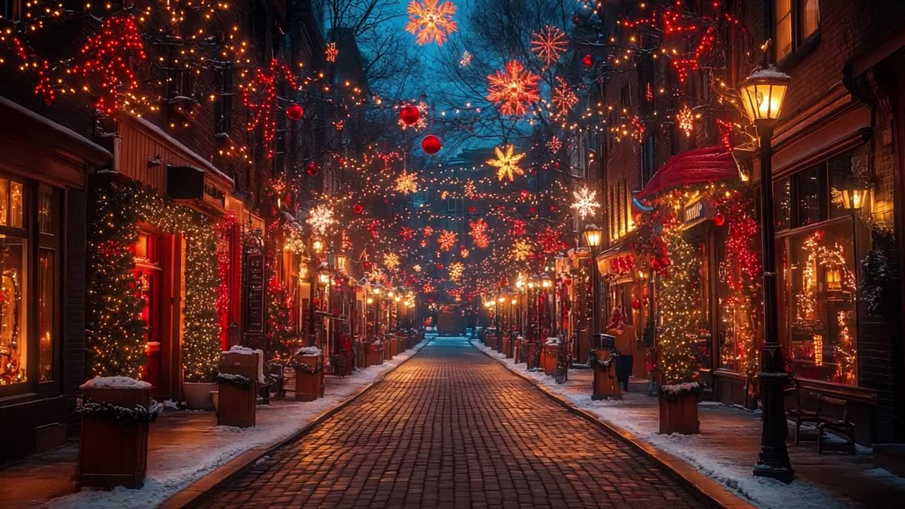 Christmas street scene with lights and snow
