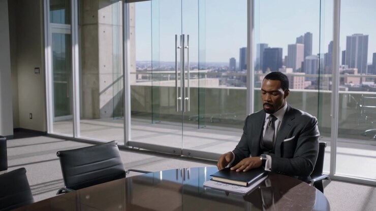 Glancing watch suited exec at table closing notebook, sliding folder, walking to doors, copy space