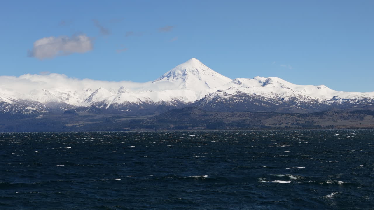 Stunning view of Huechulafquen Lake and Lanín Volcano in Patagonia, Neuquén, Argentina