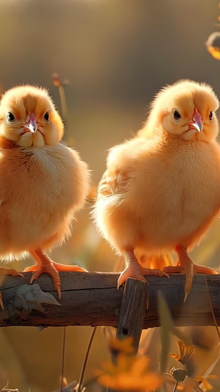 Four baby chicks are standing on a wooden post in a field of yellow flowers Vertical video
