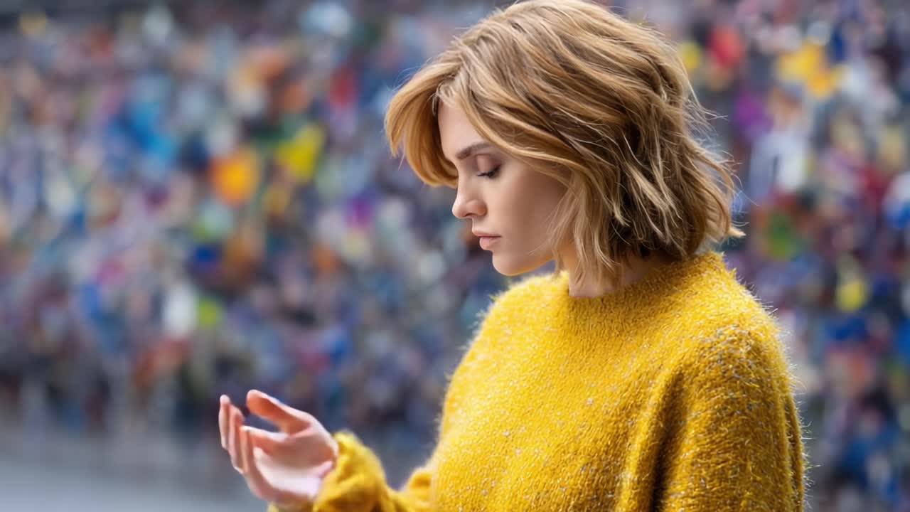 Una giovane donna riflessiva con un accogliente maglione giallo guarda pensierosa in lontananza, in mezzo a una folla vivace sullo sfondo, riflettendo su ciò che la circonda e sulle sue emozioni.