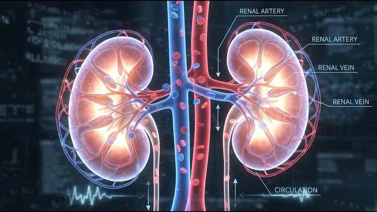 Paired kidneys and renal blood vessels glowing on dark medical interface