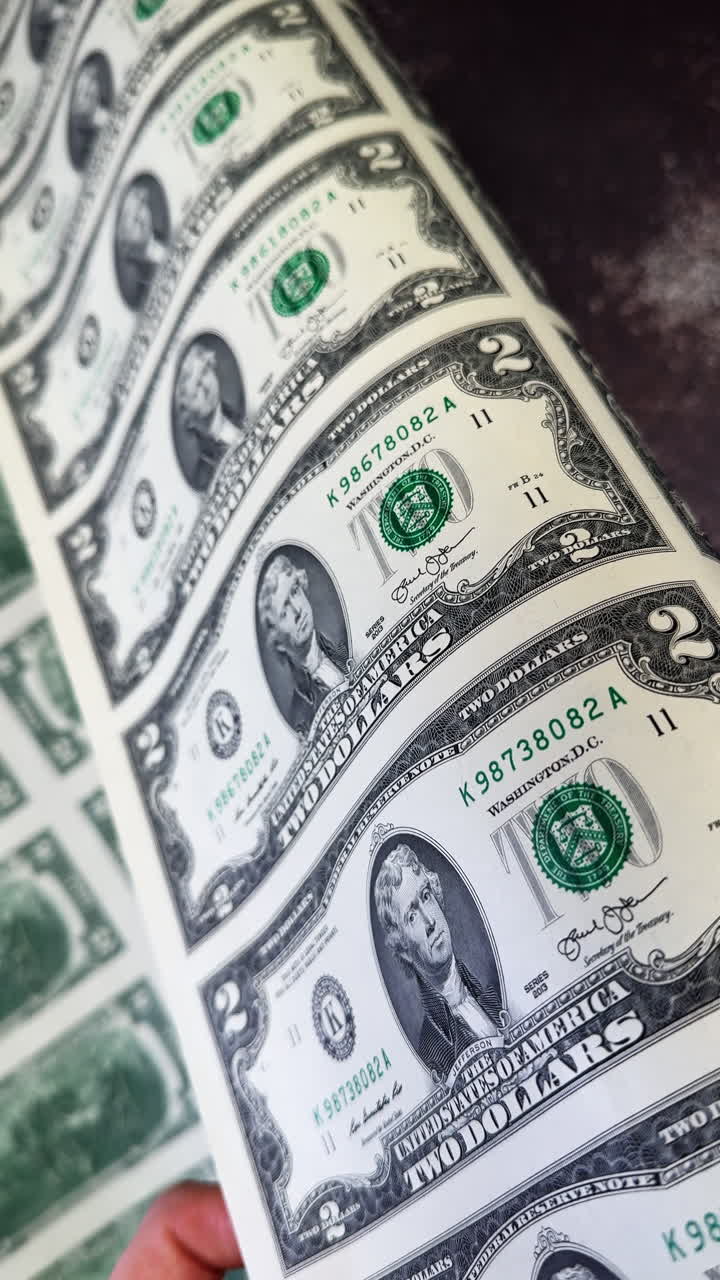 Molte banconote da due dollari su un foglio intero. Una mano piega la carta con le banconote appena stampate. Primo piano. Video verticale.