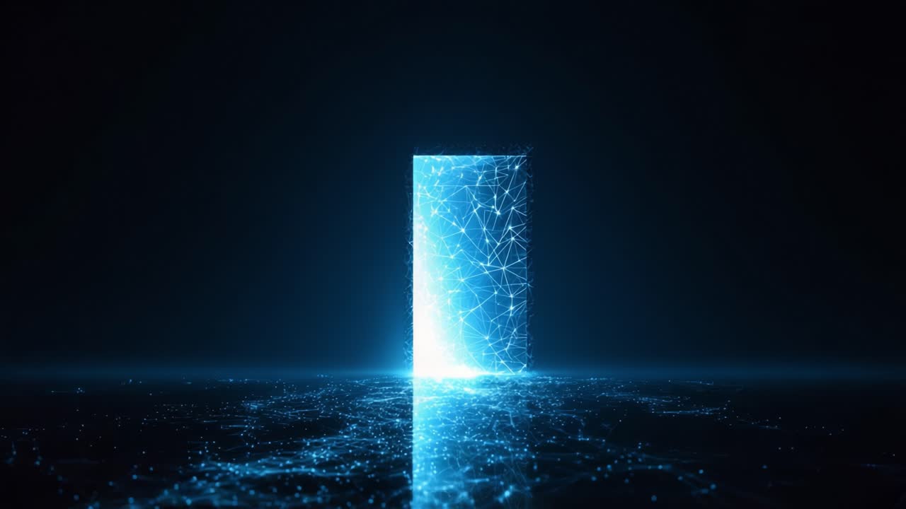 A mesmerizing view of a glowing portal, pulsating with intricate networks of blue light, symbolizing connectivity and advanced technology in a dark, digital landscape