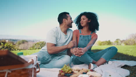 love, picnic and food with couple in nature