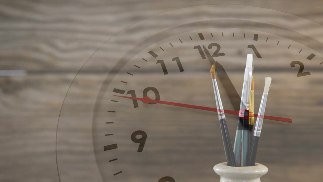 Faint clock moving, causing white vase rising and brushes emerging on wood planks, showing time