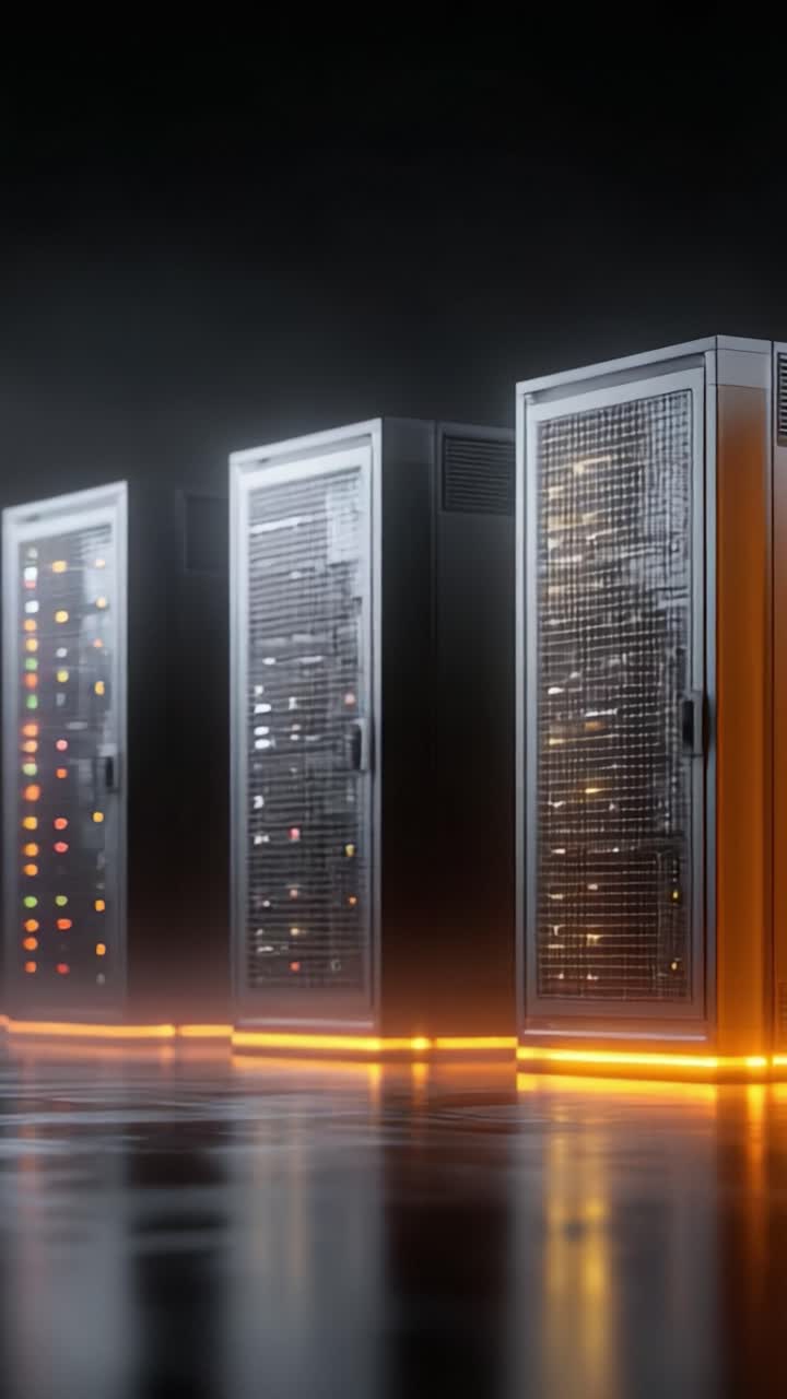 Et detaljeret billede af et avanceret datacenter med flere højtydende server racks oplyst med dynamisk belysning i et svagt oplyst miljø