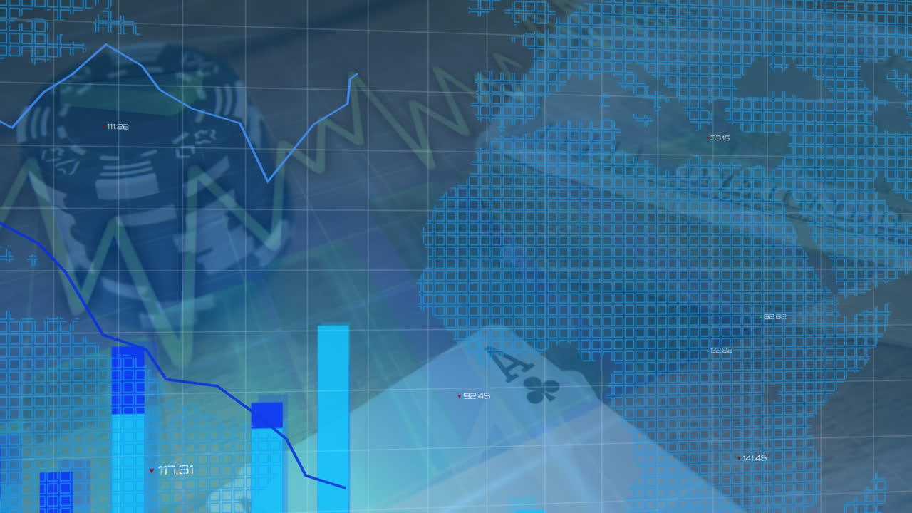 animación del procesamiento de datos financieros a través de fichas y cartas de juego