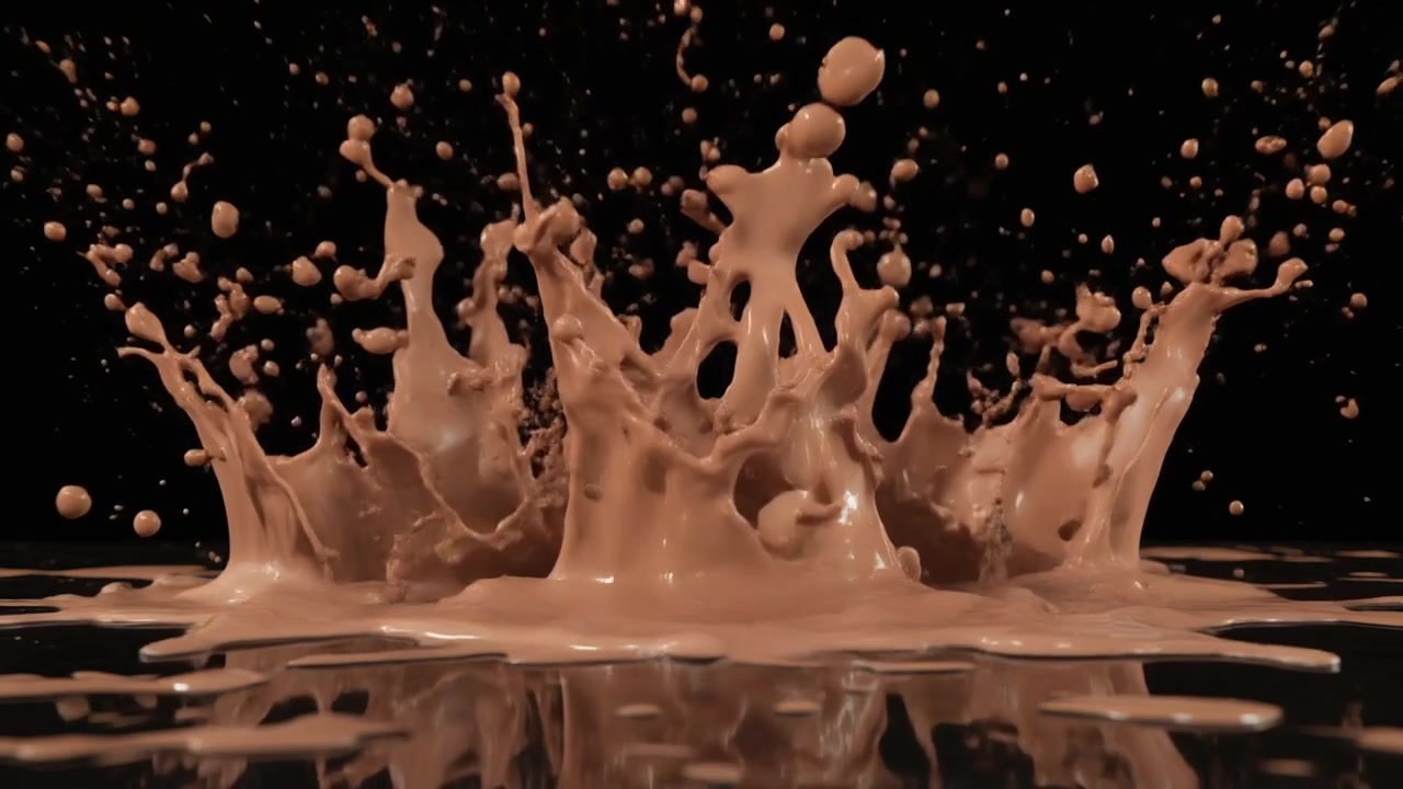 Cubetti di ghiaccio che cadono nel latte al cioccolato creando uno schizzo