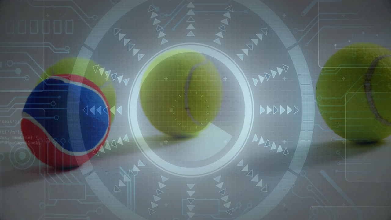 Tennis balls sitting on white tabletop in 3D render with digital HUD overlays highlighting tech