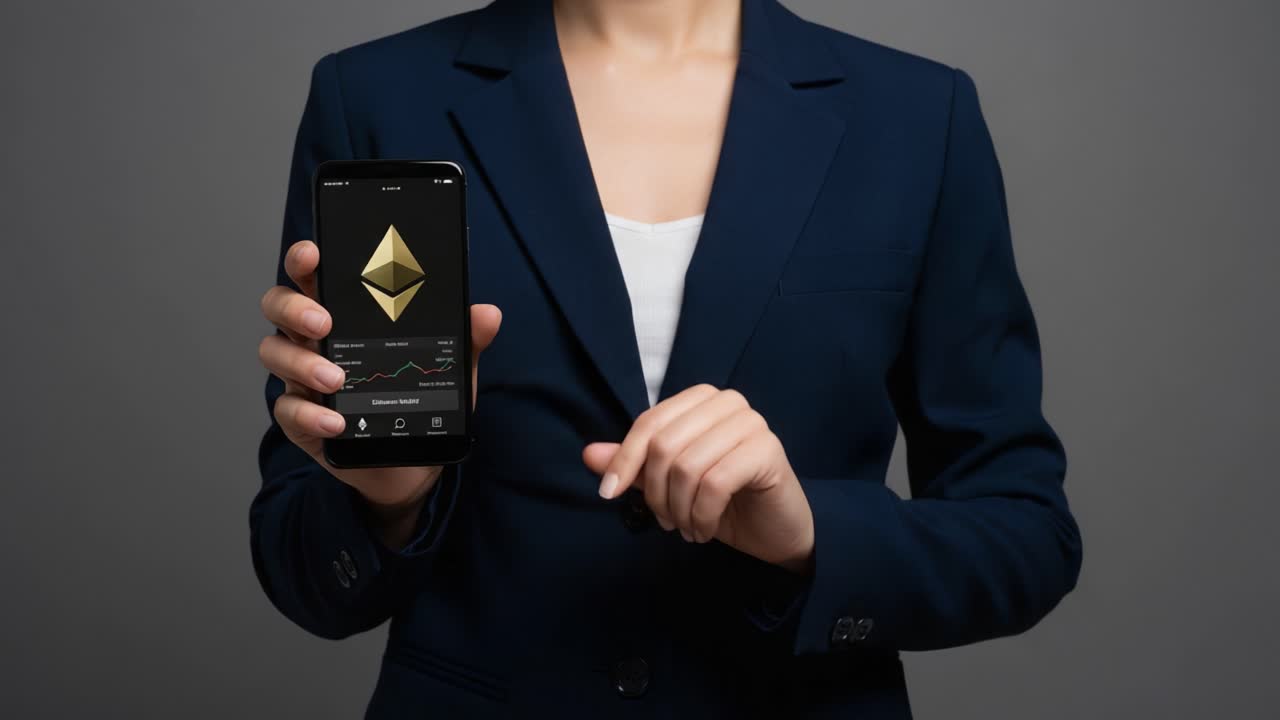 Business Professional Holding Smartphone with Cryptocurrency Dashboard Displaying Ethereum Logo and Market Trends, Emphasizing Digital Finance in Modern Economy