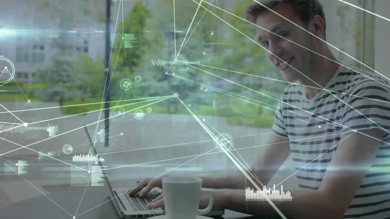 Animation of networks of connections over caucasian man using laptop