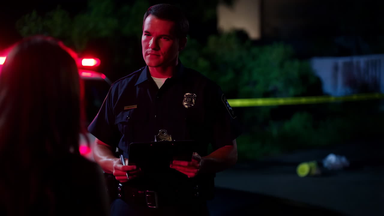 Police Officer Writing on Clipboard at Night Crime Scene