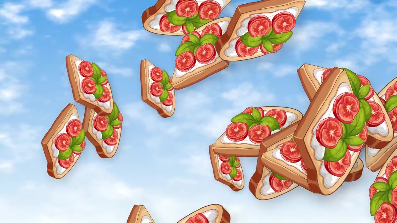 Torradas de bruschetta estilizadas com tomates e manjericão caindo em um fundo de céu azul ensolarado