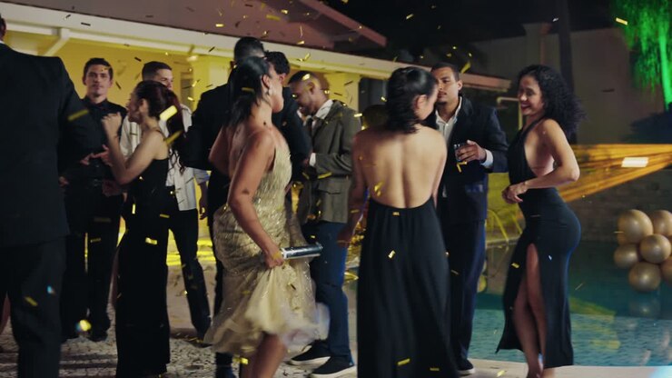 People Dancing and Celebrating at an Elegant Outdoor Night Party with Confetti