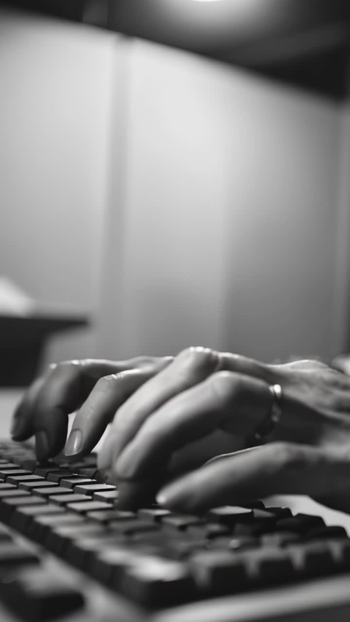 Primo piano di mani che digitano su una tastiera, evidenziando il movimento intricato e la concentrazione coinvolti nella comunicazione digitale e nell'inserimento dati in un'ambientazione monocromatica.