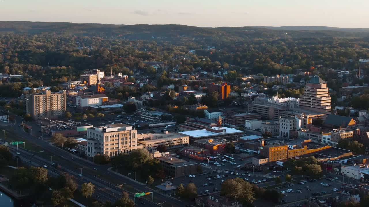 Aerial drone footage showing downtown area of Middletown Connecticut