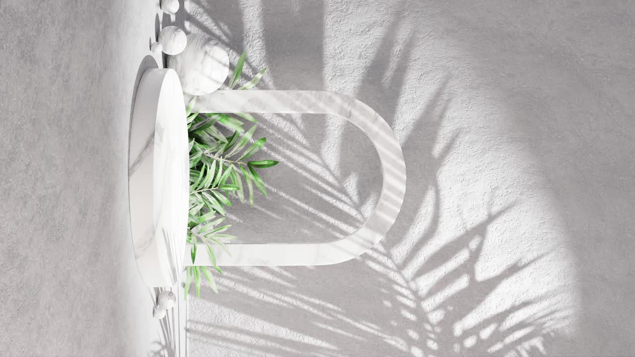 bolas de plataforma de arco de mármol con sombra de hoja de palma, fondo blanco con textura vertical