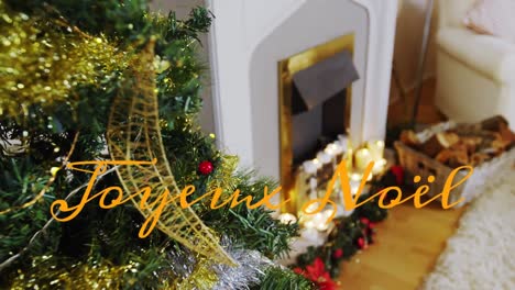 animation of joyeux noel text over christmas decorations