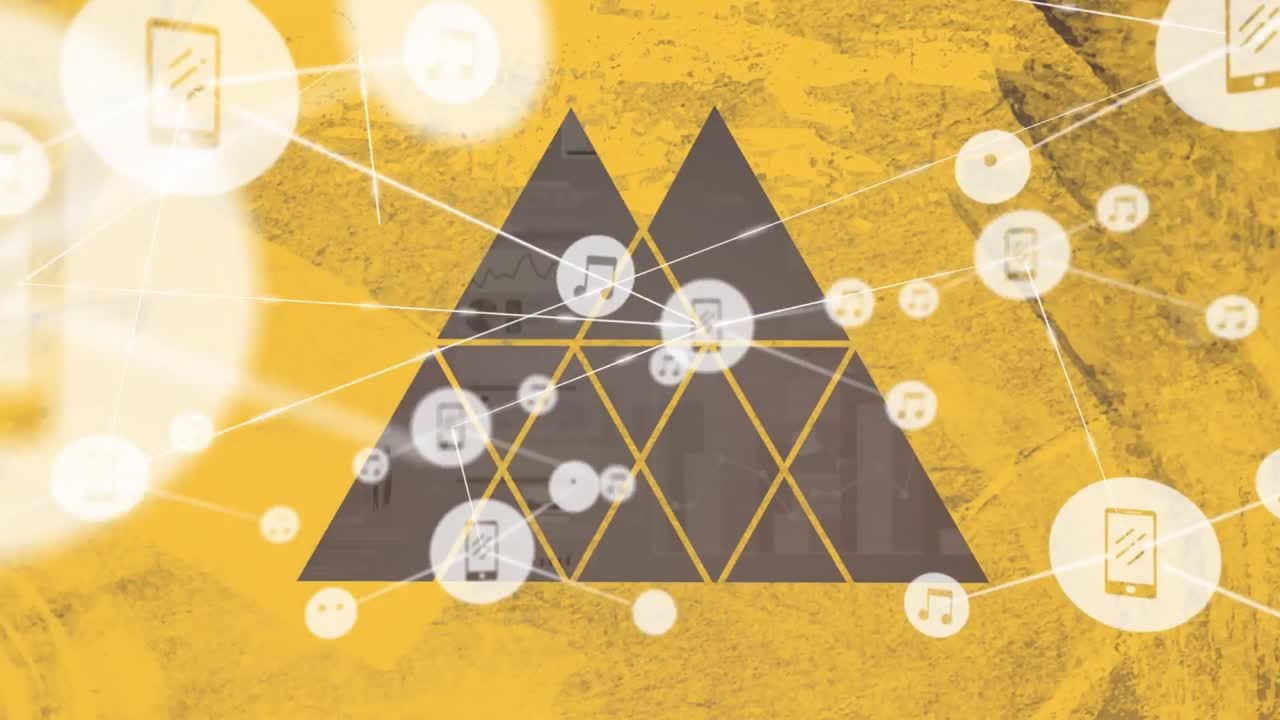 animación de la red de conexiones con iconos sobre arco iris sobre fondo rojo.