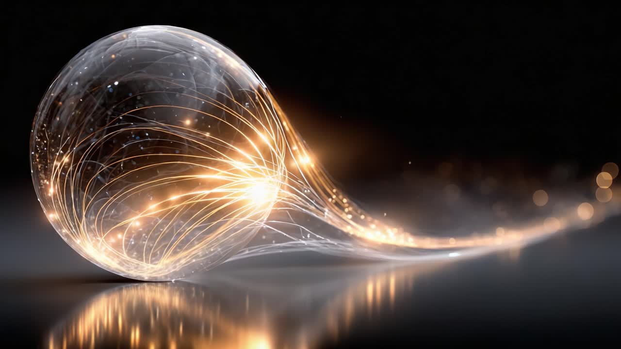 Un enigmatico viaggio di luce: un globo traslucido che emette un vortice di particelle scintillanti, catturando l'essenza del movimento e della bellezza in uno spazio oscurato.
