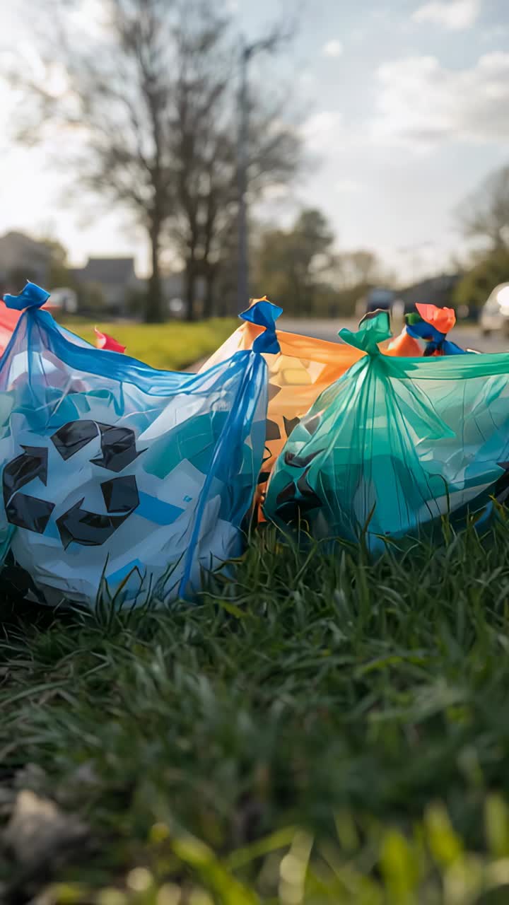 Video verticale: la telecamera si sposta verso l'alto e mostra tre sacchetti di plastica legati con il logo del riciclo sul ciglio