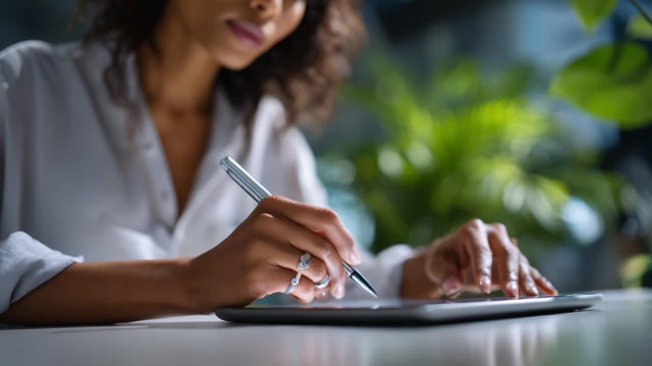 Focused attention on digital creativity as a woman engages in innovative design by sketching on a tablet, surrounded by greenery in a bright environment