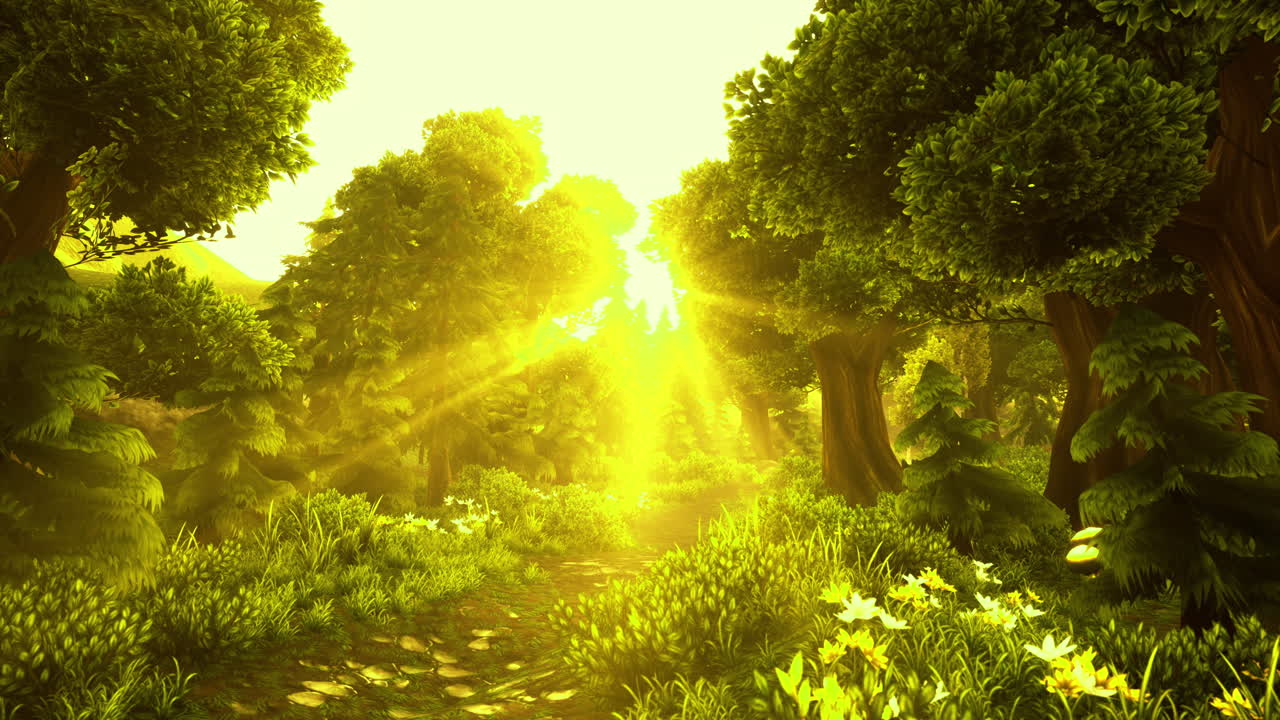 Golden sunlight filters through lush green trees in a vibrant forest trail