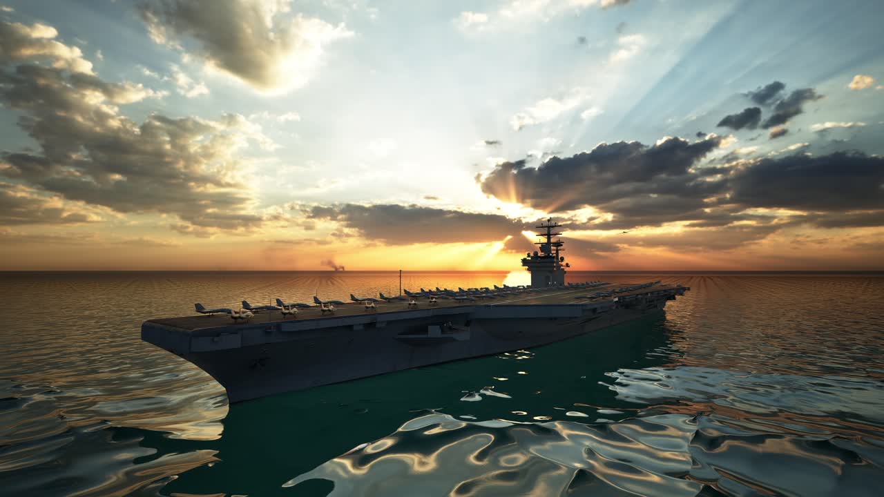 Aircraft Carrier Warship Battleship In The Ocean Navy, Sunset Time