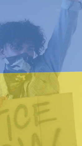 animation of flag of ukraine over african american male protester