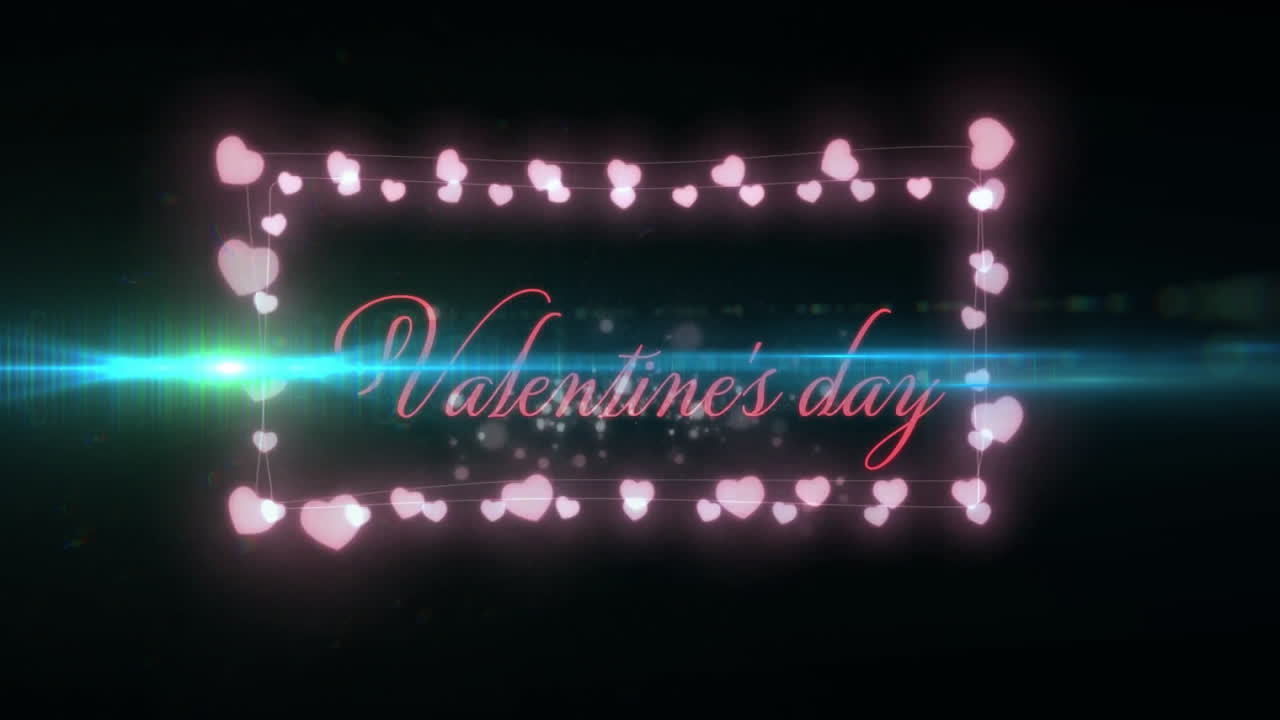 Valentine's Day text with glowing hearts animation over dark background