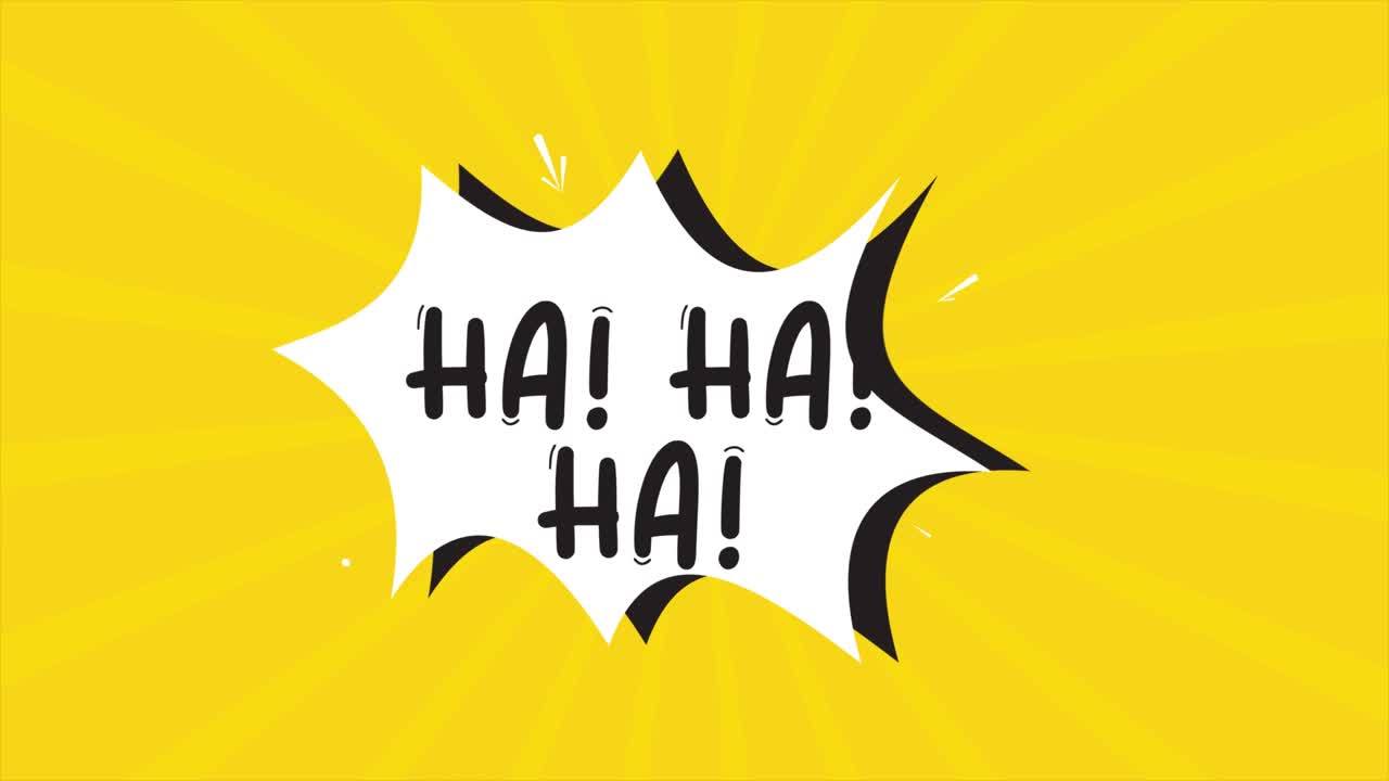 코 스트립 만화 애니메이션, 하 하 하라는 단어가 나타납니다. 노란색과 반색 배경, 별 모양 효과