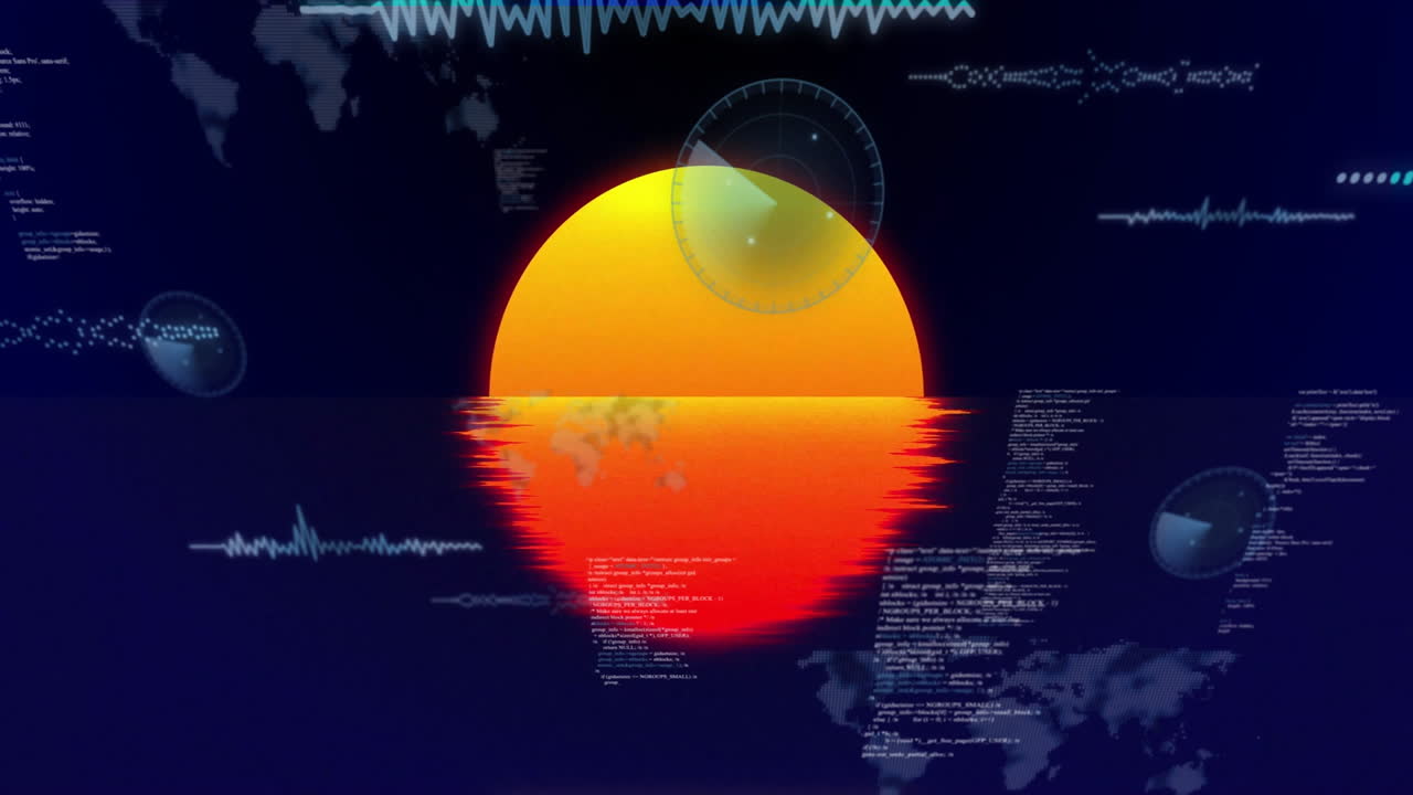 Animation of digital data and graphs overlaying sunset on dark background