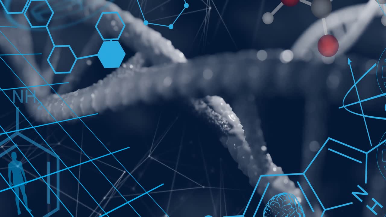 Medical data processing over dna structure and network of connections against blue background