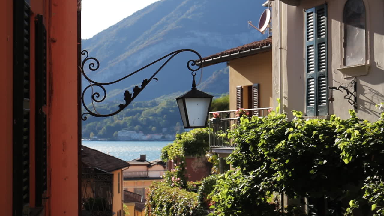 European street view with lake and mountains