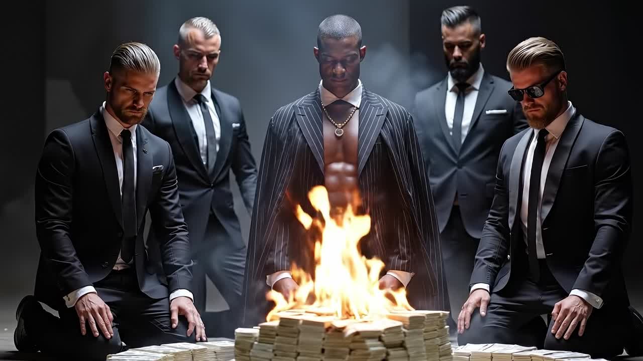 A group of men in suits standing around a pile of money