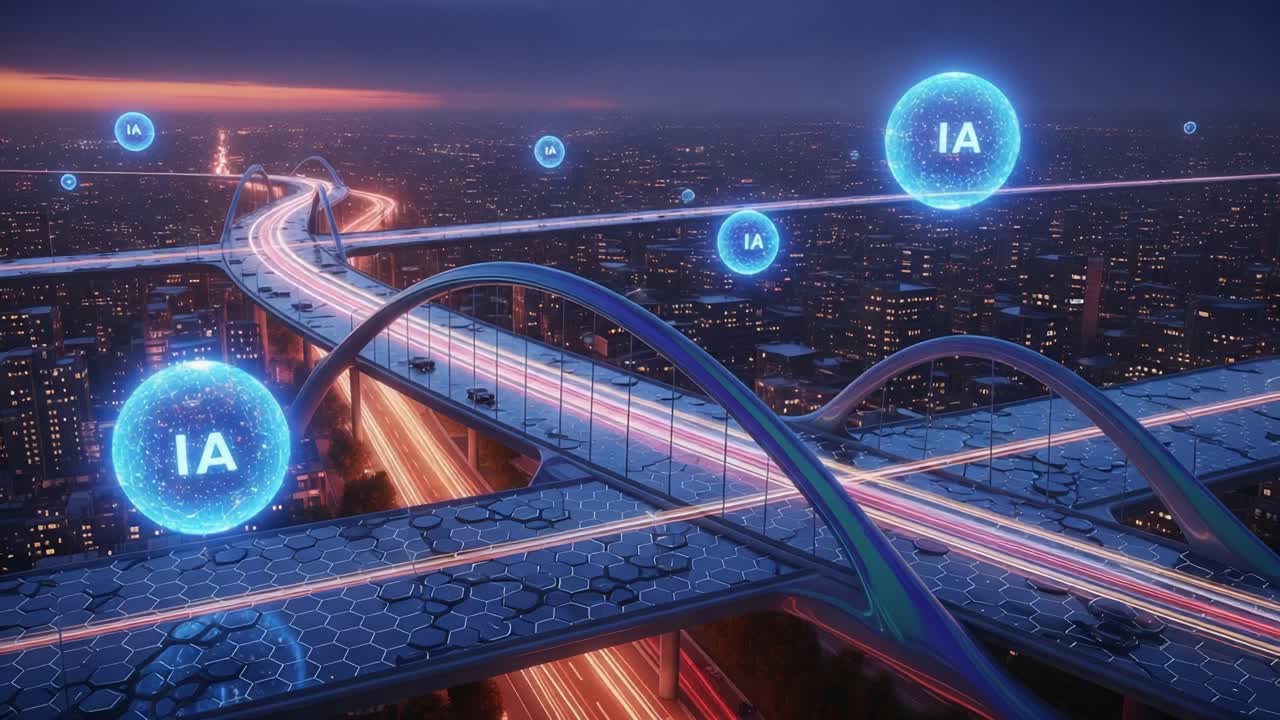 A Futuristic Cityscape with High-Tech Arches and Illuminated Pathways Showcasing Artificial Intelligence in Stunning Visuals and Vibrant Lighting Amidst a City Night Scene