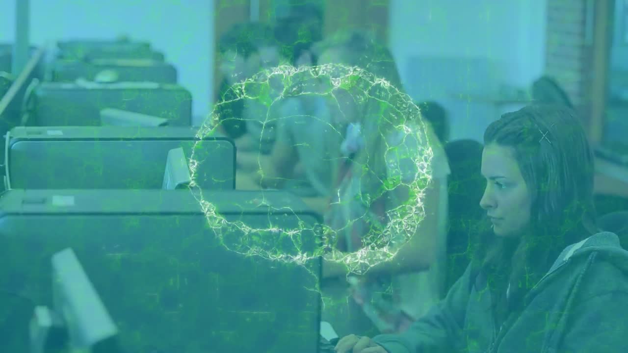 animación del cerebro girando sobre los estudiantes usando computadoras