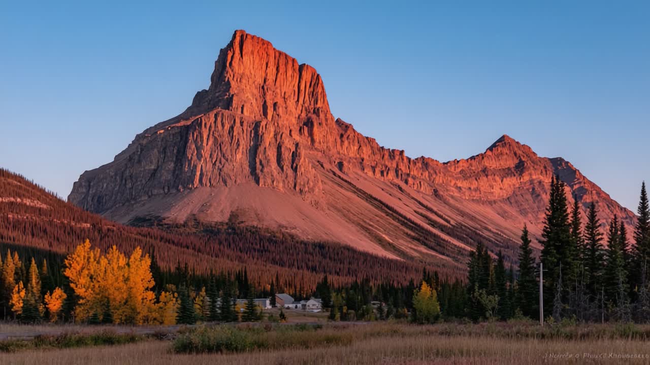 Una maestosa cima di montagna illuminata dal caldo bagliore del tramonto, circondata da un vivace fogliame autunnale e lussureggianti foreste sempreverdi, che cattura lo splendore della natura