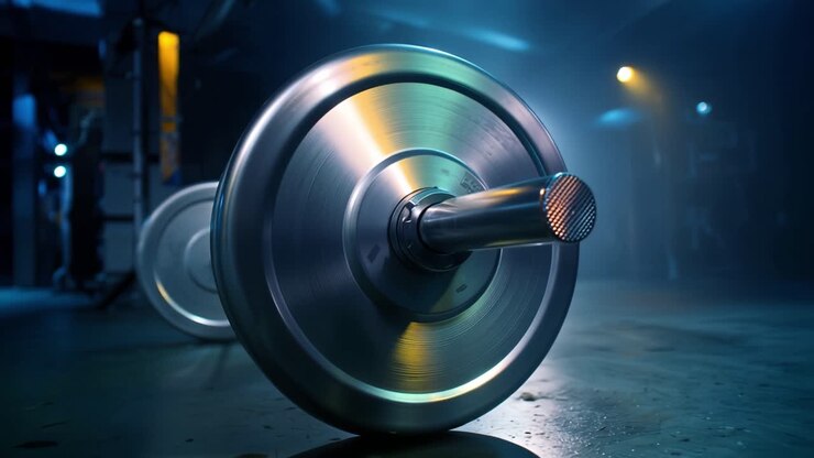 Heavyweight Barbell and Weight Plates on Gym Floor, Illuminated by Soft Blue Lighting in Professional Strength Training Environment