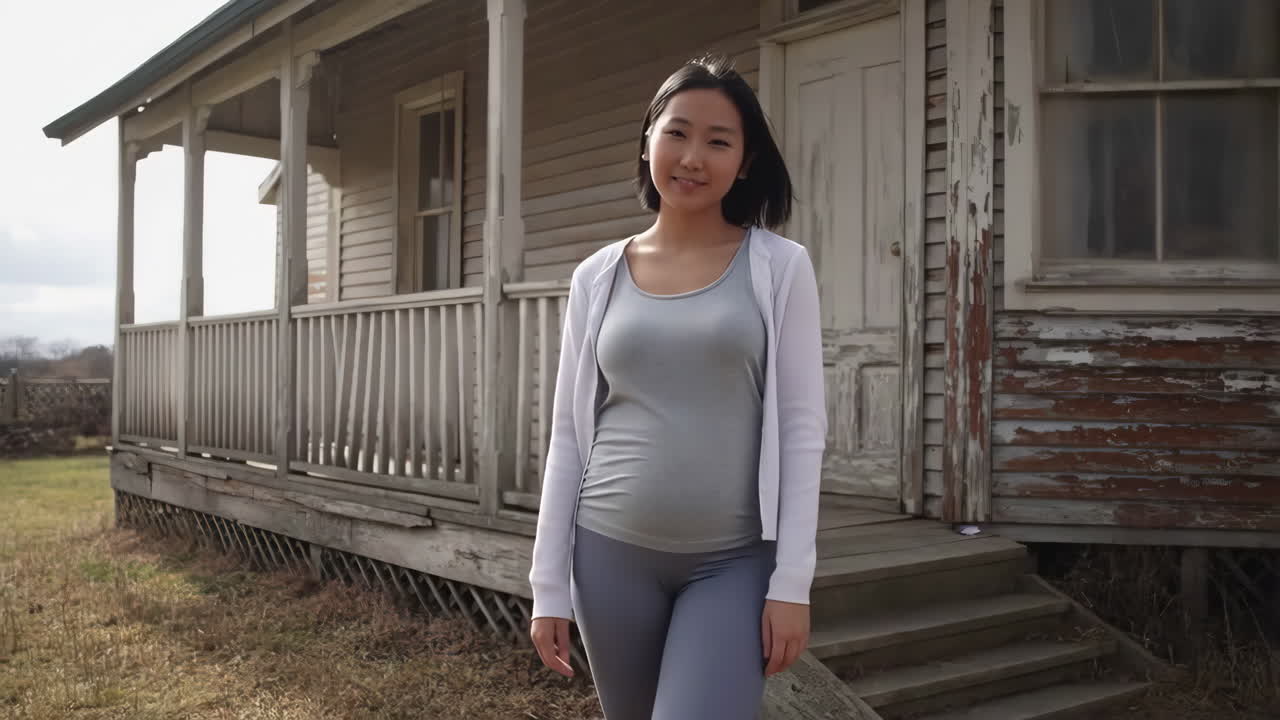Pregnant Asian woman stands in front of old house