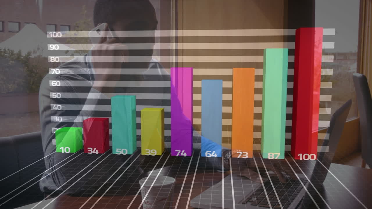 animación de datos financieros y gráficos sobre hombre afroamericano usando portátil y teléfono inteligente