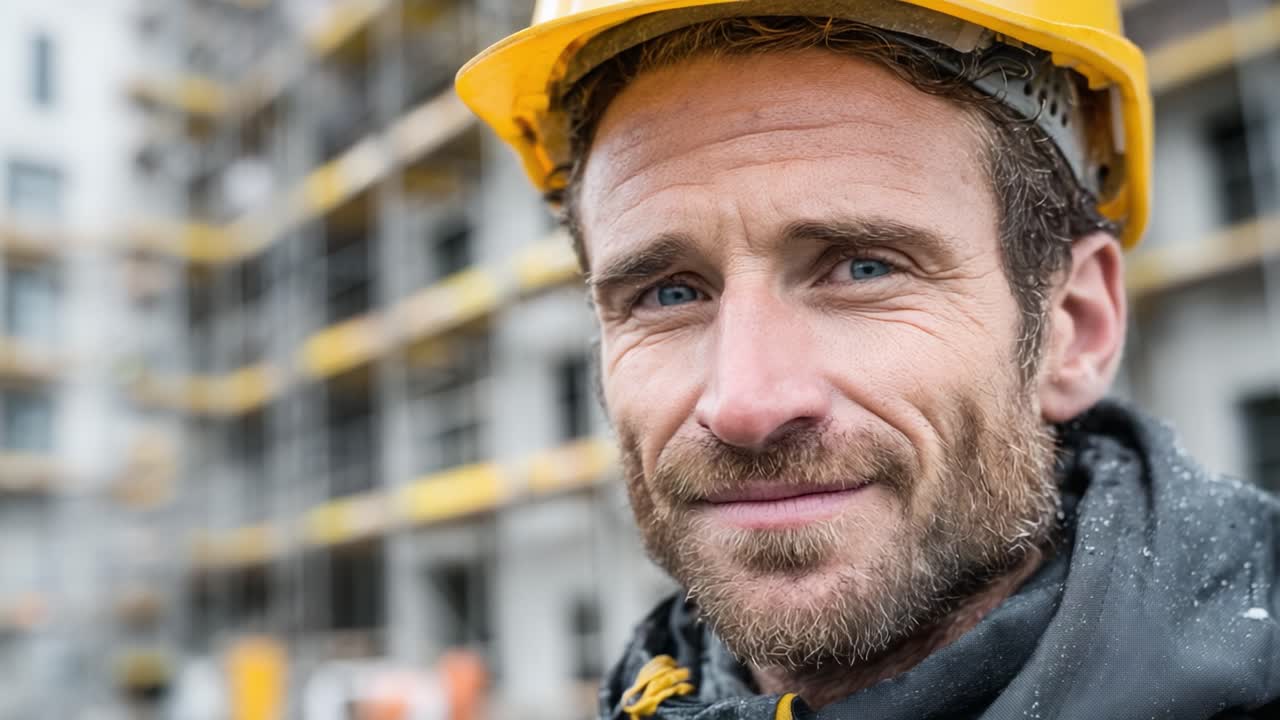 A construction worker wearing a safety helmet stands confidently against a backdrop of an active building site, showcasing determination and professionalism in the industry
